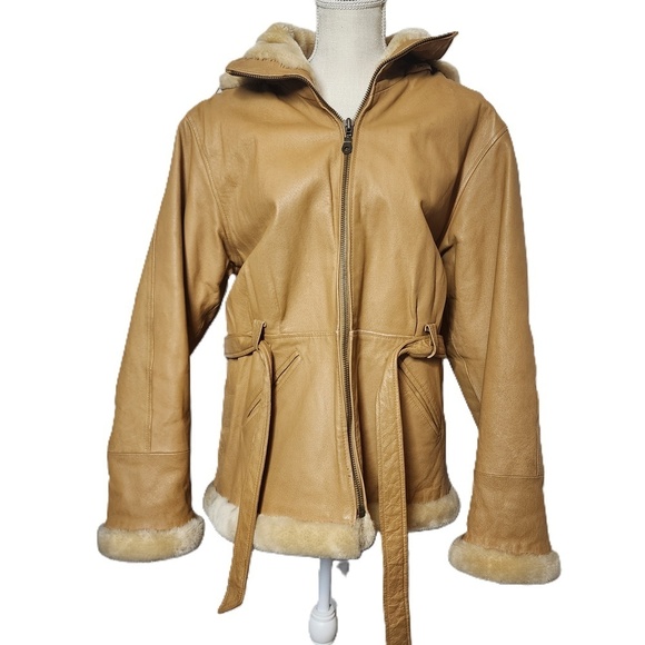 Vintage XL Leather Fur Trim Shearling Belted Coat Tan Marcia Collection - Picture 11 of 13